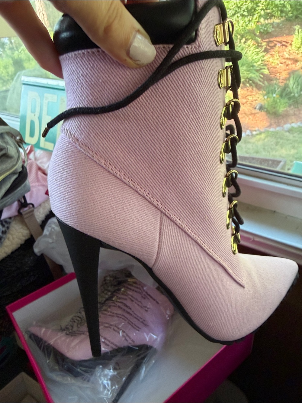 Women's Pink High Heel Ankle Boots - Picture 2 of 2
